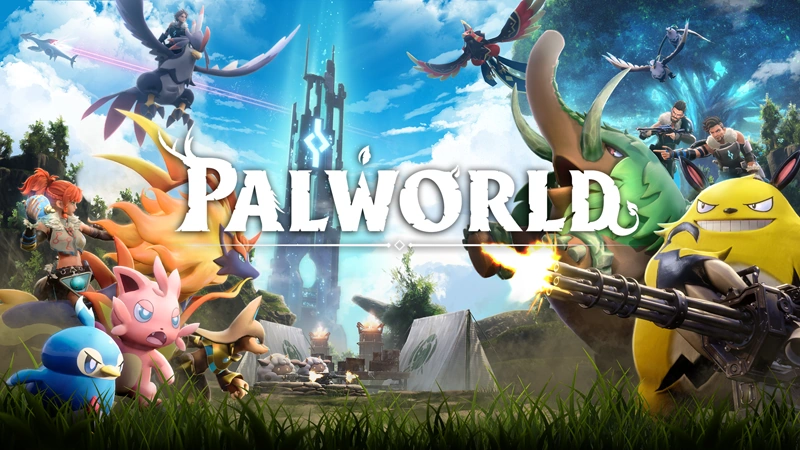 In-game screenshot of Palworld showing diverse creatures in a vibrant open-world environment