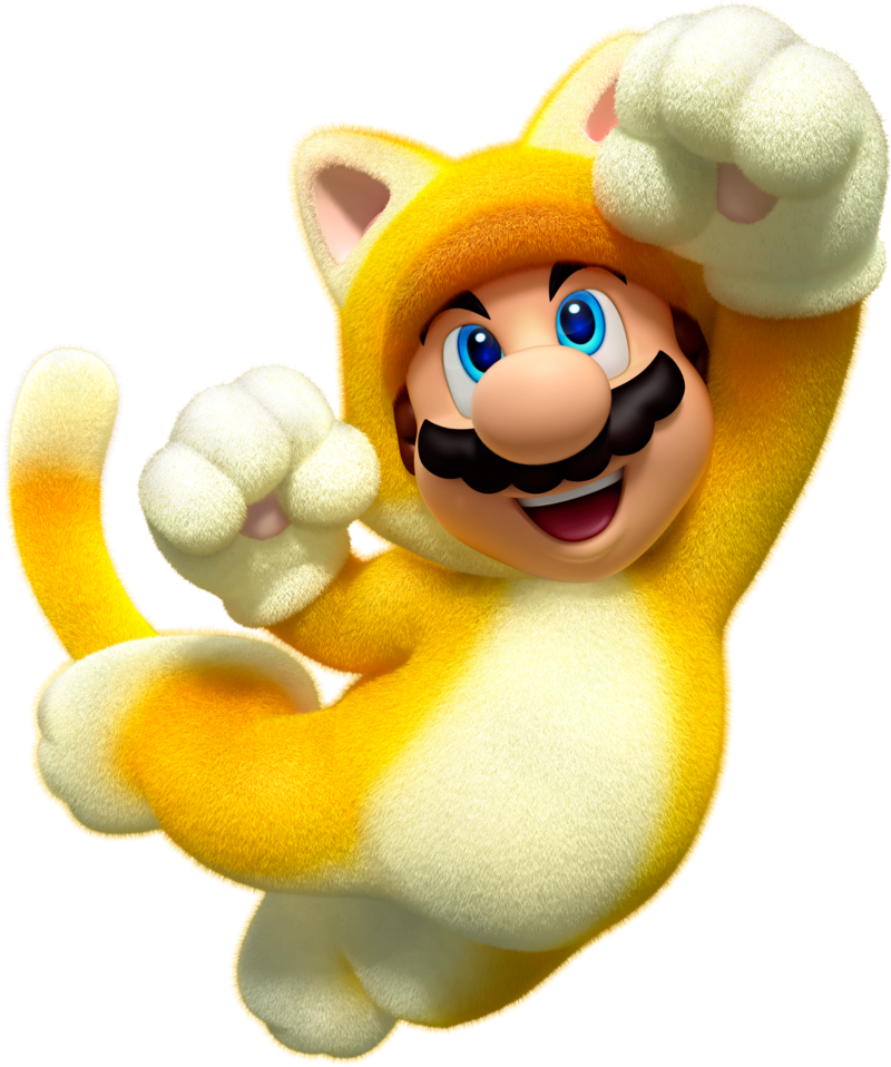cat Mario in a yellow jump suit 